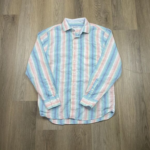 Tommy Bahama Shirt Mens Medium Pastel Stripe Linen Blend Long Sleeve Casual - Picture 1 of 10